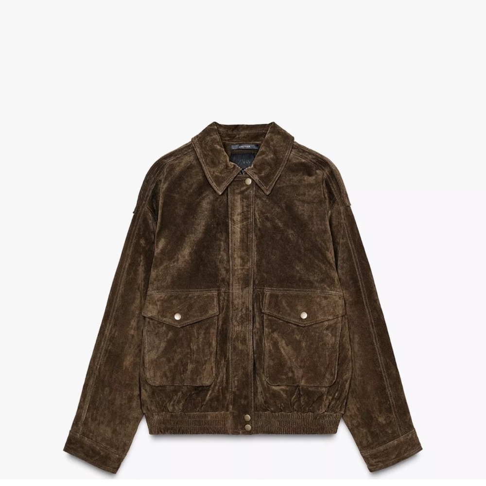 Zara Women’s Viral Brown REAL Suede Bomber Jacket with pockets